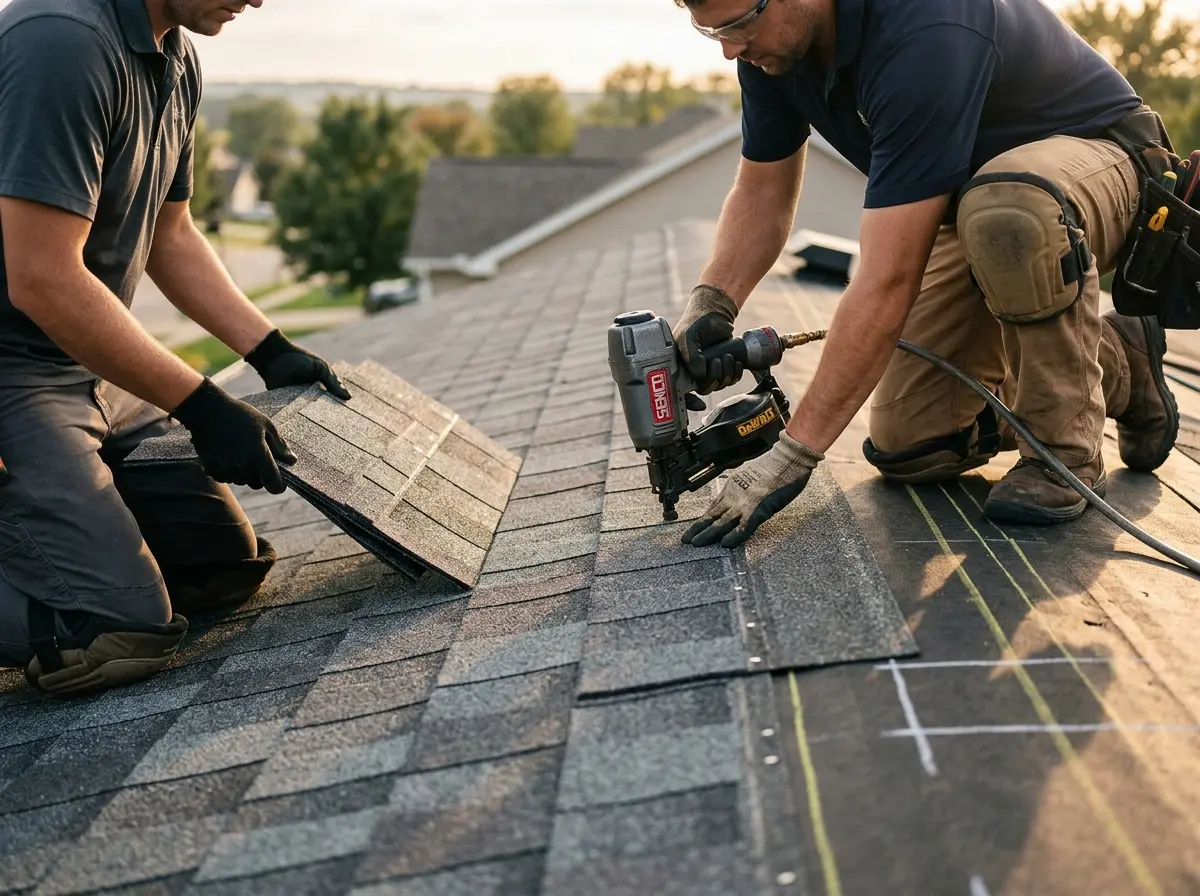 Professional roofer working on a residential roof in Lampasas